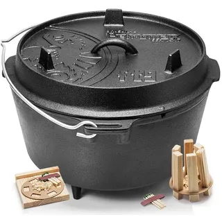 Petromax Schmortopf Feuertopf ft9 mit Deckel mit Füßen Dutch Oven, Gusseisen (Spar-Set, 3-tlg., für 8-14 Personen geeignet), Deckel mit Henkel, als Pfanne nutzbar, Topf induktionsfähig schwarz