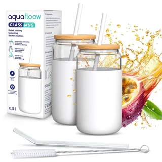 Aquafloow Trinkglas 2 Stück 500 ml mit Silikonhülle und Bambusdeckel – 2 Trinkhalme inklusive (Silikon & Glas), Temperaturbeständig von -20°C bis 150°C