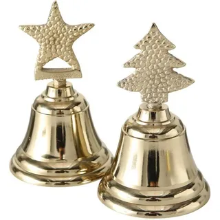 CasaJame Metall Tischglocke 2er Set, Gold, Aluminium, Stern & Weihnachtsbaum, H11cm D7cm, Glänzende Dekorative Glocken für Weihnachten