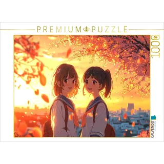 Calvendo Shoujo Anime im Sonnenuntergang – Freundinnen in Schuluniform unter Kirschblüten 1000 Teile