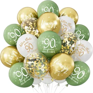 Deko 90. Geburtstag Luftballons, 24 Stück Grün Gold Ballons 90. Alles Gute zum Geburtstag, Happy 90th Birthday Balloon, Salbeigrüne Gold Ballon 90 Jahre Geburtstag für Mann Frauen Geburtstagsdeko 90