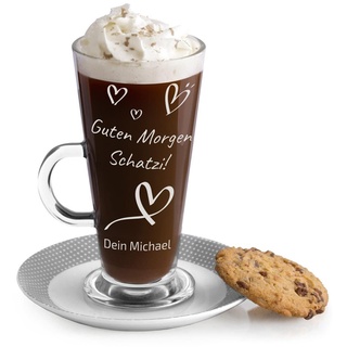 Maverton Latte Macchiato Glas mit Gravur - 360 ml - Cappuccino Tasse mit Henkel - Trinkglas für Kaffee - Kaffeezubehör - Kaffeeglas für Frauen - zum Geburtstag - personalisiert - Herzchen