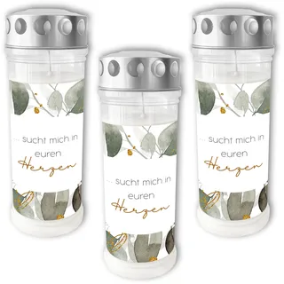 DOLORINO Grablicht mit Spruch "sucht mich in euren Herzen" | Eukalyptus-Kranz | 3er Set | 7-Tage Brenner | Öl-Licht in deutscher Qualität