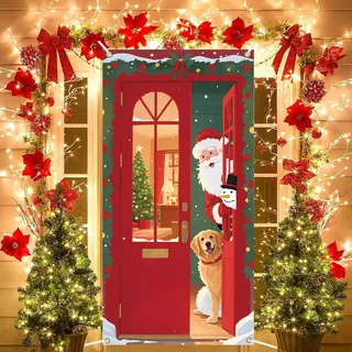 Weihnachten Tür Abdeckung Dekoration, 185 x 90cm Weihnachtsdeko tür Hängen Banner, Weihnachtsmann Hintergrund Banner, Weihnachten Tür Abdeckung Dekoration für Feiertag Weihnachten Haustür Häuser