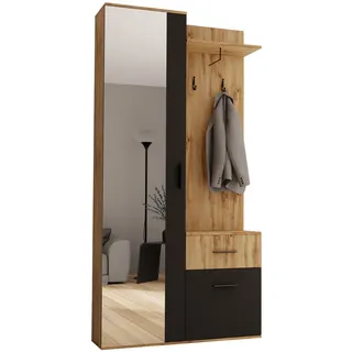 Mirjan24 Garderoben-Set Jarelin mit Spiegel (Wotan Eiche/Schwarz) | Kompaktgarderobe mit Kleiderstange, Haken, Schublade und Schrankfach, links/rechts montierbar, B/H/T: 97/195/30 cm