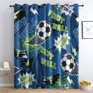 THYUNQ Vorhänge Fussball - Vorhang Blickdicht Verdunklungsvorhänge Thermovorhang, Gardinen mit Ösen, Vorhänge Wohnzimmer Schlafzimmer Fenster 2er Set, H 166 x B 75 cm