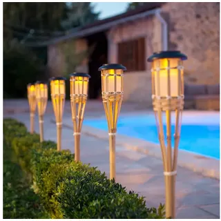 Lights4fun LED Gartenfackel 2er Set Bambus Tiki Solar Gartenfackeln 82cm
