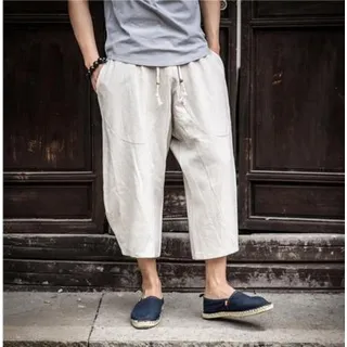 Bywenzai Kurze Hose Männer Baumwolle Leinen Einfarbig Elastische Taille Shorts T Herren Hip-Hop Atmungsaktiv Lässig 3/4 Hosen Japanische Und Koreanische Yogahosen