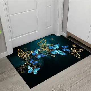 Sticker Superb. Schwarz Blau Golden Schmetterling Ginkgo 3D rutschfeste Türmatte Badematte Korridor Teppich Antifouling Innen Fußmatte Küchenteppich Bodentürmatten (Farbe 2,40 x 60 cm)