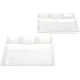 MamboCat 2er Set Fondueteller I Porzellan weiß I rechteckig mit 4 Fächern I 23 x 18 cm I unterteilter Teller für Fondue, Dips, Raclette, Snacks & Beilagen