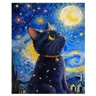 Malen nach Zahlen Erwachsene Katze: Sternenhimmel Paint by Numbers, 40x50cm | DIY-Malset mit nummerierter Leinwand, Acrylfarben & 3 Pinseln;