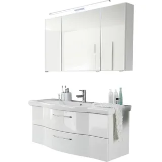 Pelipal Badmöbel-Set 6005 Weiß Hgl mit Mineralmarmor-Waschtisch + LED-Aufsatzleuchte 122 cm