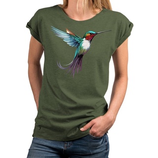 MAKAYA Print-Shirt Damen Kolibri Motiv Sommer Top Druck Vogel Kurzarmshirt Tunika Oversize, große Größen grün