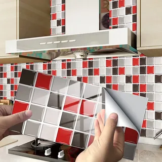 Hiseng 24/48 Stück Küchenrückwand Fliesenaufkleber, Rechteck Mosaik Muster Wasserdicht Ölfest Stickerfliesen Deko Selbstklebende Wandfliese für Küche Badezimmer Wohnzimmer (Rot Mosaik,20x10cm)