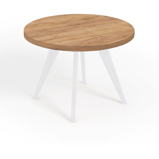 Runder Ausziehbarer Tisch für Esszimmer, LORA, Loft-Stil, Skandinavische, Durchmesser: 100 / 150 cm, Farbe: Eiche Craft Golden / Weiß