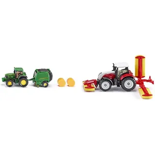 Siku 1665, John Deere Traktor mit Ballenpresse inkl. 2 Ballen, Metal/Kunststoff, Grün, Bewegliche Teile & 1672, Steyr Traktor mit Pöttinger Mähwerkskombination, Metall/Kunststoff, Rot