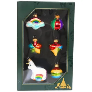 Dekohelden24 Lauschaer Christbaumschmuck - 6er Set Christbaumkugeln Lauscha, Glaskugeln, Glasornamente Einhorn - Baumschmuck zum Adventskalender befüllen, aus Lauscha, Größe: 3,5 cm je Ornament.