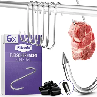Filzada® 6x XXL Fleischerhaken Edelstahl 50kg Ø5mm -Räucherhaken mit Spitze | Fleischhaken Räuchern für Forellen, Fleisch - S Haken Edelstahlhaken massiv - 304 Edelstahl korrosionsbeständig