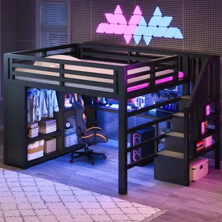 BTM Metall Gaming Hochbett 140x200 mit Kleiderschrank und Schreibtisch Hochbett Jugendliche mit LED, USB und Treppe, Schwarz
