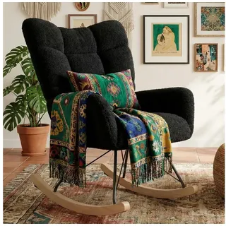 TLGREEN Schaukelstuhl wohnzimmer,Schaukelsessel mit Armlehne, (Teddystoff Gepolsterter, Holzkufen und Metallbeinen), für Wohnzimmer, Kinderzimmer, Schlafzimmer, Bis 136 kg Belastbar schwarz