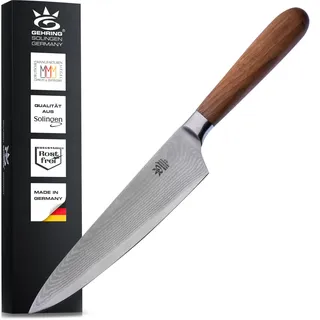 GEHRING SOLINGEN Damast Kochmesser, Scharfes Profi Küchenmesser, Made in Germany, eisgehärteter Damaststahl VG10 + ergonomischer Nussbaum - Holzgriff