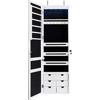 Schmuckschrank mit Spiegel, Spiegelschrank mit LED-Beleuchtung, Schmuckregal Abschließbar mit 6 Schubladen, Schrank Hängend für Ohrringe Ringe H... - Weiß