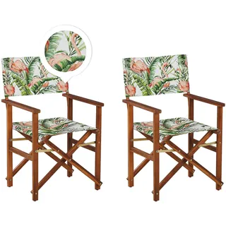 Zwei Gartenstühle dunkles Akazienholz Textil cremeweiß/bunt Flamingomuster Cine