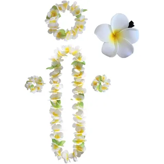 Lilbitty 5Pcs Blumenkette Deko Leis Blumenketten hawaii Ketten Blumen Mit Halskette Stirnband Armband Haarclips, Luau Blumengirlande FüR Hawaii Strandpartys Hochzeit, weiß