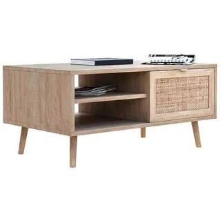 Newroom Couchtisch Rattan Optik 100 cm, Sonoma Eiche Rattan Optik Boho Wohnzimmertisch Modern Skandinavisch beige