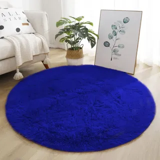 Lifup Teppich Shaggy Anti Rutsch Pflegeleicht, Rund Langflor Teppich für Wohnzimmer Schlafzimmer Kinderzimmer Königsblau 130 cm