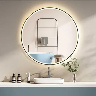 HOKO Design ANTIBESCHLAG Badspiegel rund 60 cm mit Metall Rahmen Matt Schwarz. Runder Bad Wandspiegel LED beleuchtet + Touch Schalter + LED Licht Wechsel