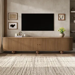 Merax TV-Lowboard mit Schiebetüren, TV-Schrank mit vertikal geriffelter Lamellenoptik, TV-Board mit Kabelmanagement und Kugelfüßen, Retro, Nussbaum - Braun