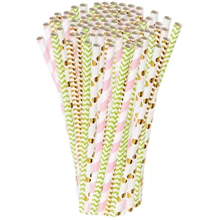 PEARL Strohhalme: 100 Papier-Trinkhalme, Retro-Motive in gold, grün, rosa, 197 x 6 mm (Trinkhalm Cocktail, Papierhalm, Farbe)