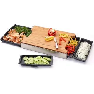 Schneidbox Bambus - Schneidebrett Mit 4 Auffangschalen Im Edelstahlkasten - Patentiertes Trennsystem - Made In Germany - 46 x 30 x 7 cm