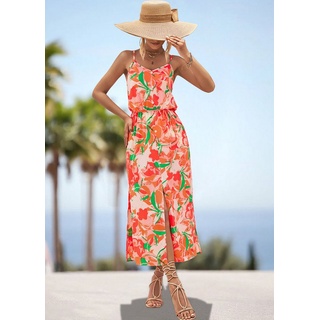 BlauWave Strandkleid Bedrucktes Kleid mit Spaghetti-Trägern und Geschlitztes Design (1-tlg) Floraler Druck orange