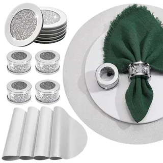 18 Stück Silberne Serviettenringe und Glasuntersetzer Set - Hochzeits Tischdekoration - Silber