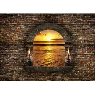 Runa Art Fototapete Fenster Sonnenuntergang am Meer 352 x 250 cm Vlies Tapeten XXL Moderne Wandtapete Wohnzimmer Schlafzimmer Braun Orange 9025011c