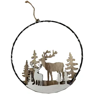 ZauberDeko Metallring Schwarz mit LED Türkranz Haus Tannenbaum Hirsch Natur Weiß Weihnachten Ø20cm, Modell:Modell2
