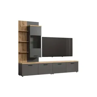 None Wohnwand HOME AFFAIRE "Bajo", anthrazit, evoke eiche, B:240cm H:212cm T:40cm, Glas, Holzwerkstoff, Kunststoff, Kastenmöbel-Sets, Wohnwand, Set bestehend aus: 2x TV-Lowboards, 1x Hängevitrine