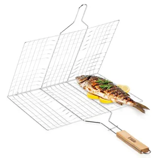 Grillrost Grillkorb Wender Grillgitter Holzgriff 40x30cm Doppelseitig Vilde