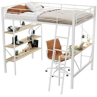 EXTSUD Bettgestell Hochbett 90x200 cm – Metallbett mit Schreibtisch, 3 Ablagen & Geländer (Ein stabiles Geländer um das obere Etagenbett), Hochbett mit Schreibtisch und drei großen Ablagen weiß