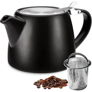 Teekanne, 500 Ml Porzellankanne, Doppelwandige Teekanne Mit Deckel, Henkel Und Edelstahl-Teesieb, Porzellan Kaffeekanne, Tropffrei Keramik-Teekannes Für Kaffee Tee, Semi-Gloss Schwarz, Glanzglasur