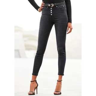 High-waist-Jeans BUFFALO Gr. 42, N-Gr, schwarz Damen Jeans Strandhosen mit modischer Knopfleiste, schmale Skinny-Jeans, Stretch-Qualität