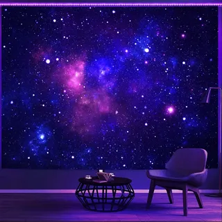 Simpkeely Schwarzlicht Galaxy Wandteppich - Blauer Sternenhimmel | UV-reaktiv & Leuchtet im Dunkeln | Ästhetischer Wandteppich fürs Schlafzimmer - 150cm x 200cm