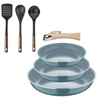 BERGNER - Set 3 Pfannen Ø18/20/24cm recyceltes gepresstes Aluminium Grün mit abnehmbarem Griff mit Set 3 Küchenutensilien PBT Schwarz und Kupfer