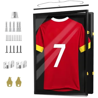 TOLASTO Trikotrahmen 60×80 cm – Trikot Bilderrahmen aus Holz & Acryl, abschließbarer Trikot Display Rahmen für Fußballtrikot, Rugby Trikot, Sport- & Band Shirts, Schwarz