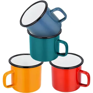 WIYETY 4 Stück Emaille Tasse: 350 ml Mehrweg Blechtasse Emaille Tassen Set, Tragbar Camping Porzellan Kaffeetassen Teetassen für Camping, Büro, Party, Haus (Rot+Blau+Grün+Gelb)