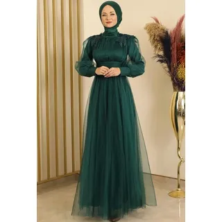 fashionshowcase Tüllkleid Abendkleid mit Blumen Guipure-Details Abiye Abaya - Modest Fashion Maxilänge für besondere Anlässe grün 40 (EU 38)