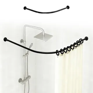 Ausziehbare Duschvorhangstange L Form, Edelstahl Duschspinne, Duschvorhangwinkelstangen, Bohrmontage, für Badezimmer & Badewanne & Umkleideraum (Schwarz, Typ D:70-90 x 110-160cm)
