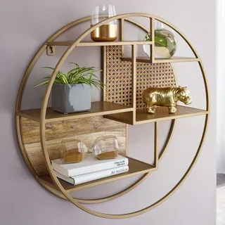 KADIMA DESIGN Wandregal, Industrial-Stil, Rattan/Metall/Massivholz, 5 Ablageflächen, Handgefertigt